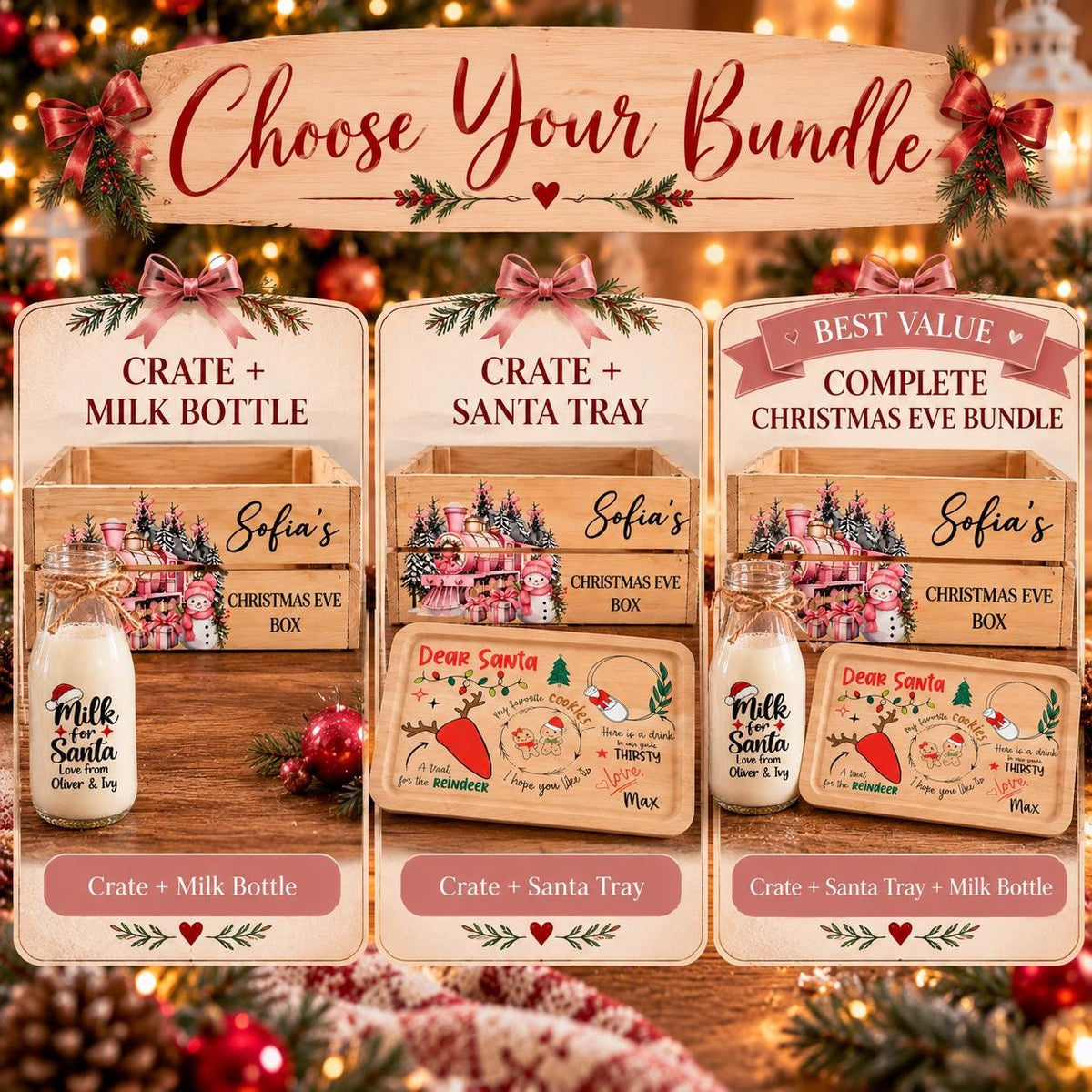 Personalised Christmas Eve Box Bundle | Wooden Christmas Eve Crate, Santa Treat Tray & Milk Bottle | Kids Xmas Eve Set