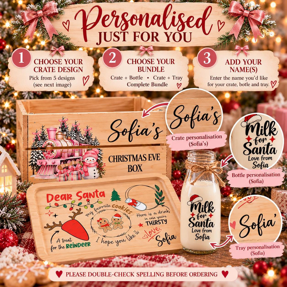 Personalised Christmas Eve Box Bundle | Wooden Christmas Eve Crate, Santa Treat Tray & Milk Bottle | Kids Xmas Eve Set