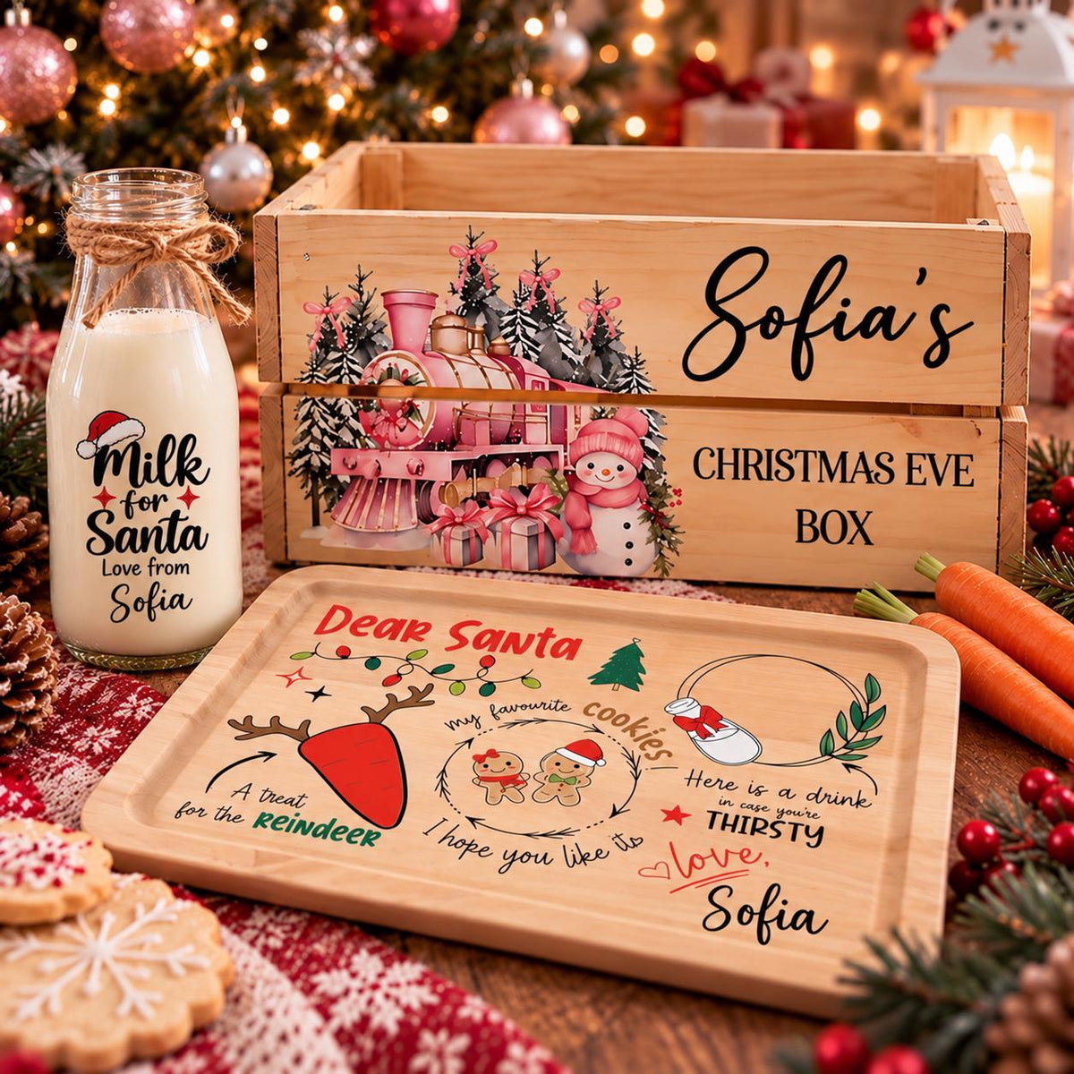 Personalised Christmas Eve Box Bundle | Wooden Christmas Eve Crate, Santa Treat Tray & Milk Bottle | Kids Xmas Eve Set