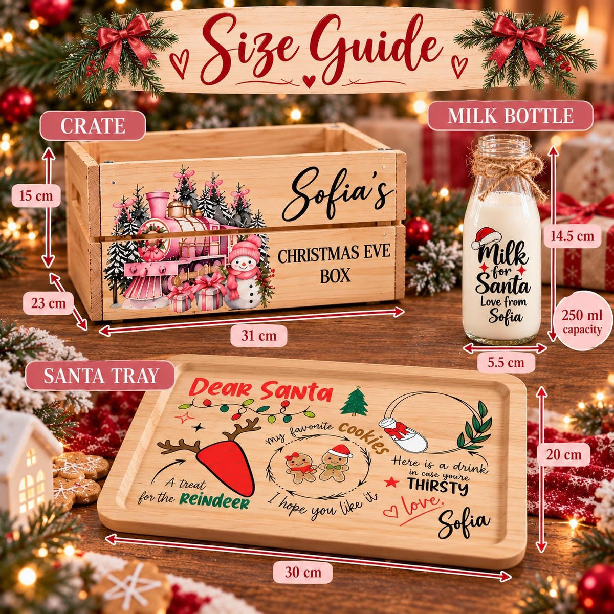 Personalised Christmas Eve Box Bundle | Wooden Christmas Eve Crate, Santa Treat Tray & Milk Bottle | Kids Xmas Eve Set