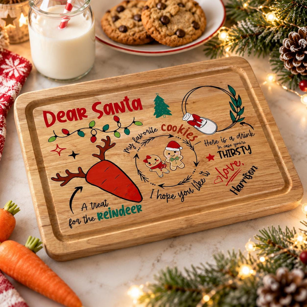 Personalised Santa Treat Tray | Christmas Eve Board | Santa & Rudolph Snack Plate | Wooden Christmas Tray |  Personalised Milk Bottle