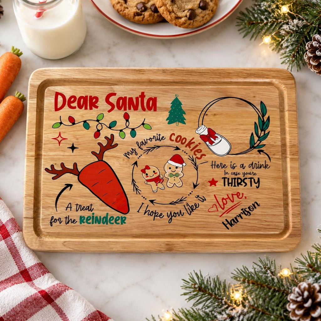 Personalised Santa Treat Tray | Christmas Eve Board | Santa & Rudolph Snack Plate | Wooden Christmas Tray |  Personalised Milk Bottle